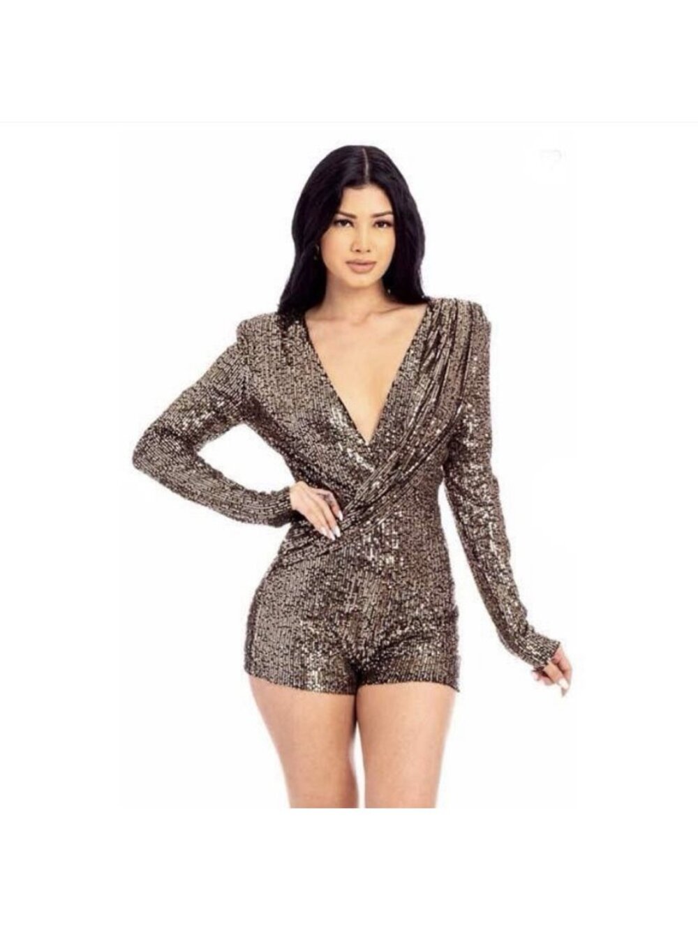 Gold Sequin Romper Women’s Medium M Long Sleeve Open Back Party Cocktail